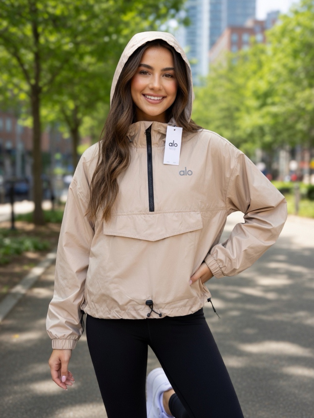 Beige Hooded Pullover Windbreaker Jacket